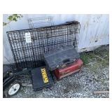3 empty tool box, saw, dog kennel