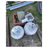 washers, milk crate of misc, 2 propane tanks