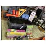 tub of carpenter and floor tools, sqaure, misc