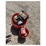 2 fencers elect, bucket of insulators, fence wire
