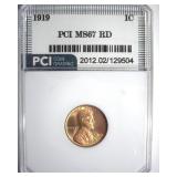 1919 Cent MS67 RD LISTS $1850