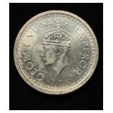 1945 Indian British 1 Rupee Silver AU+