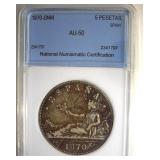1870-SNM 5 Pesetas NNC AU50 Spain