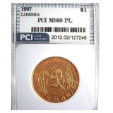 1997 Panda Dollar PCI MS68 PL Liberia Rare