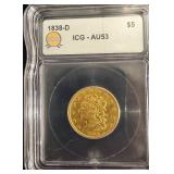1838-D Gold $5 ICG AU53 Lists $30000