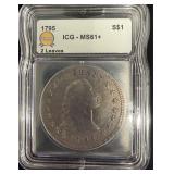 1795 2 Leaves Flowing Hair $1 ICG MS61+ Ex Rare...