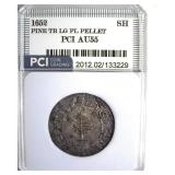 1652 Shilling MA Pine Tree AU55 LISTS $25000
