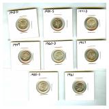 1927-1961 10C 8 Pc Mercury & Roosevelt Dime Lot