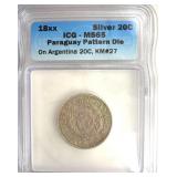 18XX Silver 20C ICG MS65 Paraguay Pattern