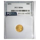 1874 Gold $1 MS64 LISTS $1250