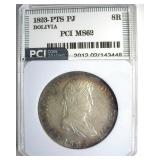 1823-PTS PJ 8 Reales PCI MS62 Rare Bolivia