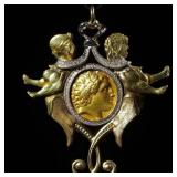 Ancient Greek Sun-God Antique Coin Pendant, 18K...