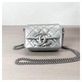 Chanel Metallic-Silver Lambskin Quilted Mini...