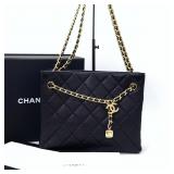 Chanel 25B Quilted-Tote Handbag, Black Shimmer...