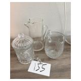 2 Glass picthers, 1 candy dish with lid