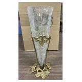 11in. Crackled Glass Vase with Brass Base