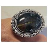 german silver & moss agate cabochon ring sz 9