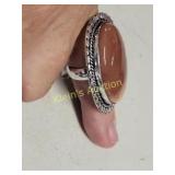 german silver & Mukaite cabochon ring sz 6