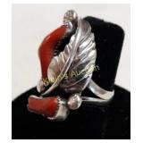 Navaho Sterling Red Coral Ring Signed BE