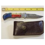 Damascus steel lock blade pocket knife w/sheath