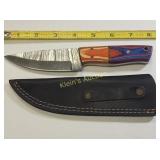 Damascus steel fixed blade hunting knife w/sheath