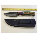 damascus steel fixed blade knife w/leather sheath