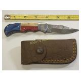 damascus steel lock blade pocket knife w/sheath