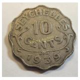 1939 seychelles 10 cents coin ef! 500 silver