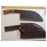 Damascus steel meat cleaver w/leather sheath