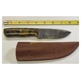 damascus steel hunting knife w/ leather sheath