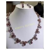 purple, blues, pink glass bead necklace & earrings