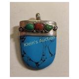 silver howlite, red coral & green turquoise pendan