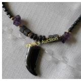 vintage necklace shark tooth Hematite & amethyst