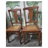 lot of 2 antique Oak t-back rush bottom chairs