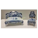 delft blue & white ceramic miniature sofa & chair