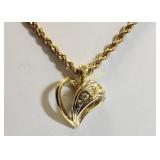 vtg old filled heart necklace rhinestones & rope n