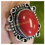 German silver & red coral ring nwt