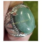 silvertone & jadieite cabochon vtg ring