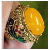 vtg ire yellow jade? ring w/ enameling