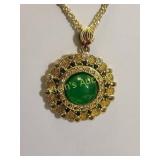 vtg estate necklace jade? ctr w/ clear stones
