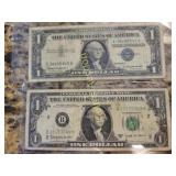 2 $1 dollar bills silver cert & scarce barre note