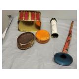 vtg tin lot tea, new years horn, reeds++