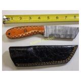 Damascus steel fixed blade hunting knife w/sheath