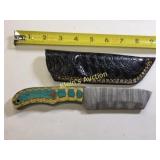 Damascus steel fixed blade hunting knife w/ sheath