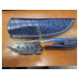 Damascus steel fixed blade hunting knife w/ sheath