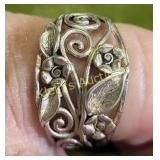 sterling floral scroll work ring signed PZ