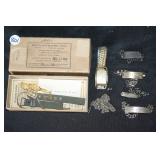 #801 Lot of 4 ID braclets and lockets, with named Hamilton watch, WW2 watch band