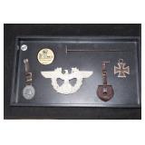 #825 Nazi Insignia lot, inc 2nd class Iron Cross, Nazi watch fobs, Police helmet plate, ad Mirror