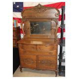 #521 Antique Oak Sideboard w/ Mirrored backsplash