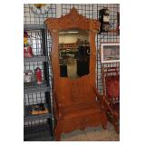 #523 Antique Oak Hall Seat w/ Mirror and Hat Hooks